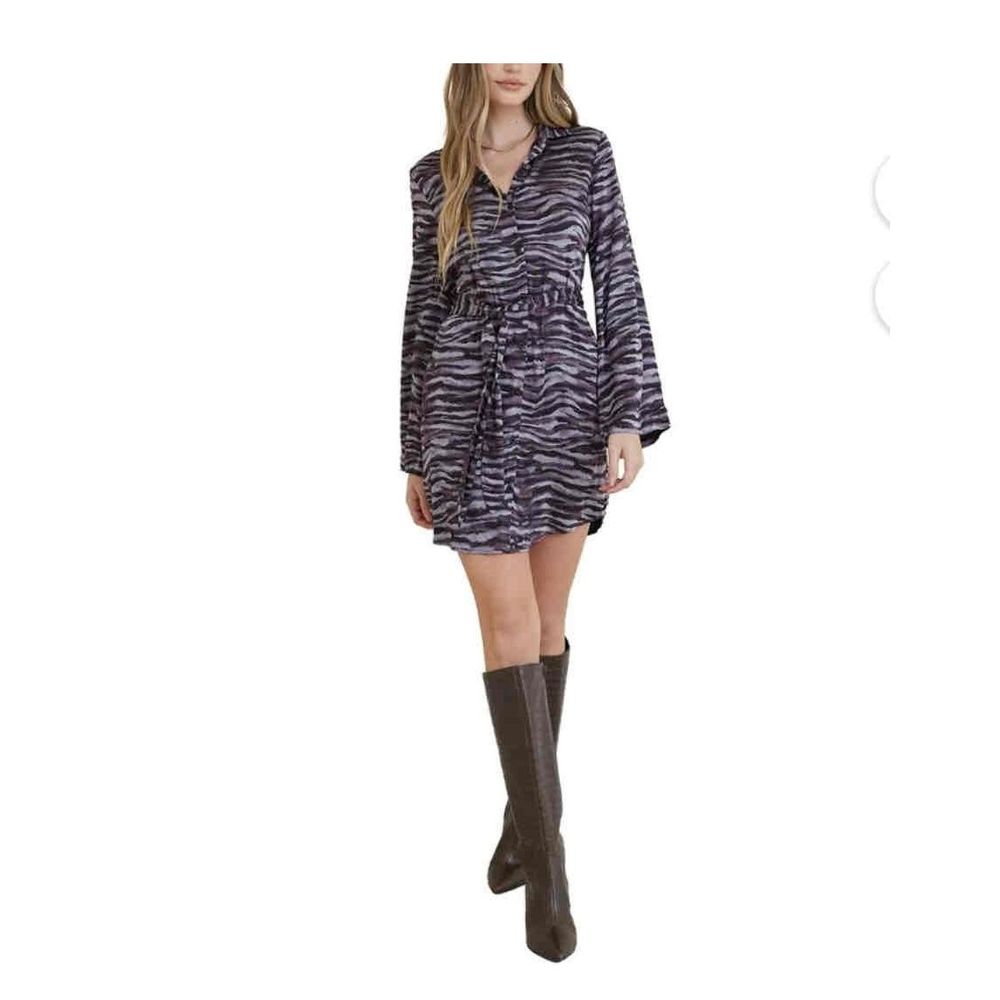 BELLA DAHL Mini Shirt Dress W/ Smocked Back Painted Zebra Print, Purple | Medium